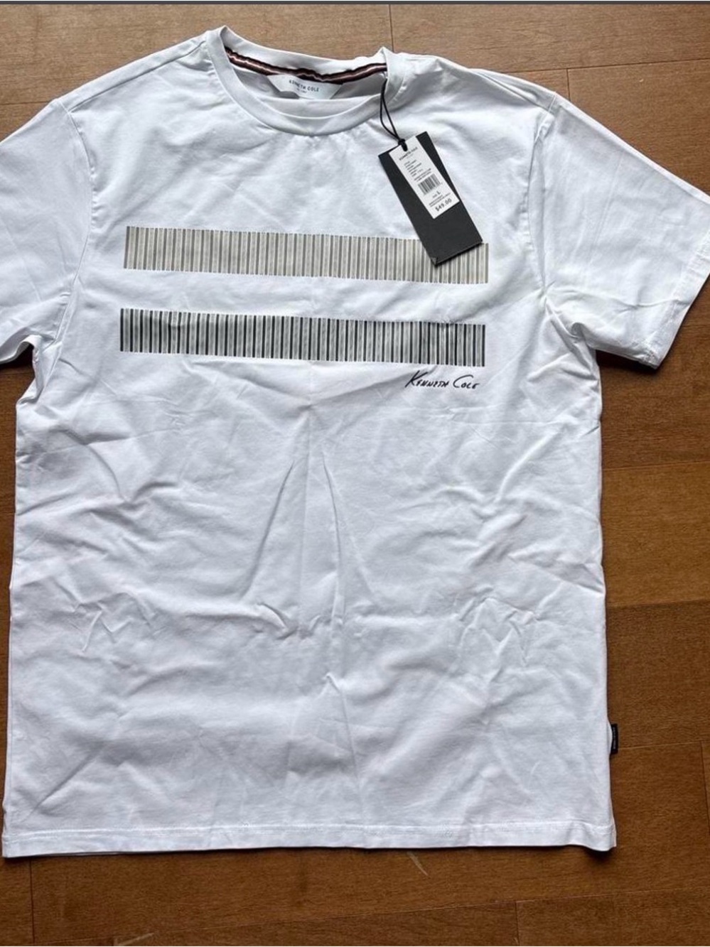 Kenneth Cole White T-Shirt with Dual Gray Barcode Stripes